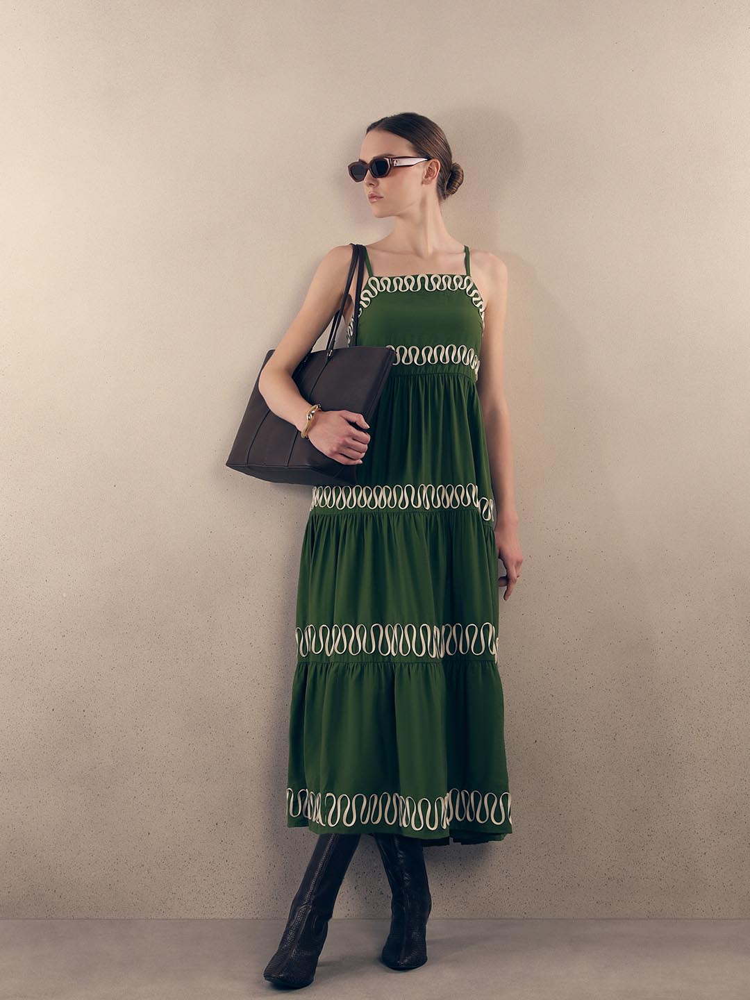 Green Contrast Ribbon Detail Dress