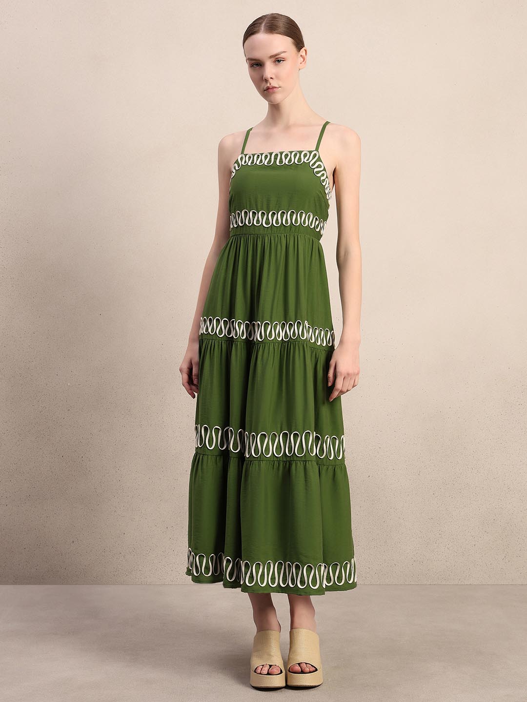 Green Contrast Ribbon Detail Dress