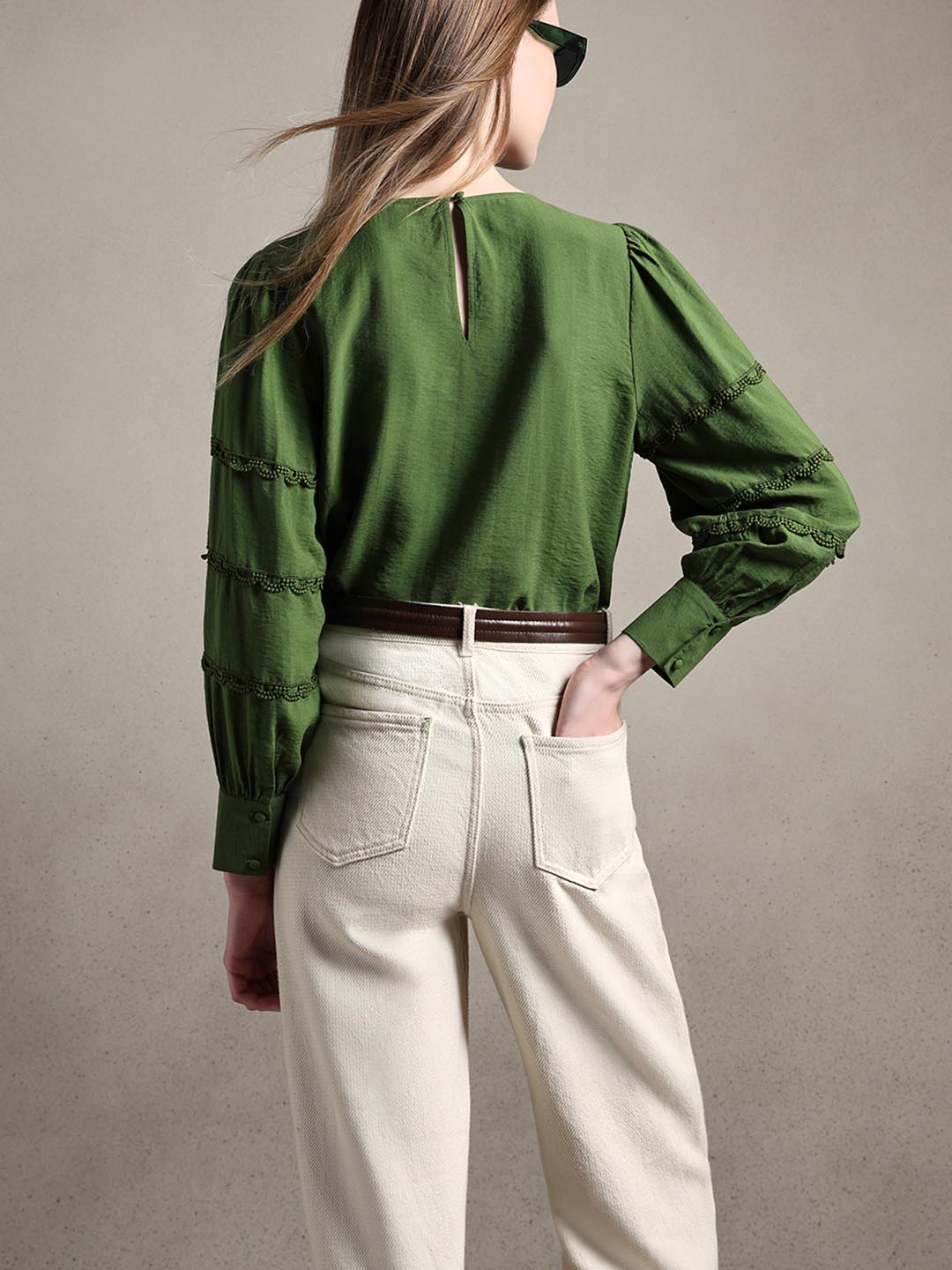 Green Lace Detail Full Sleeves Top