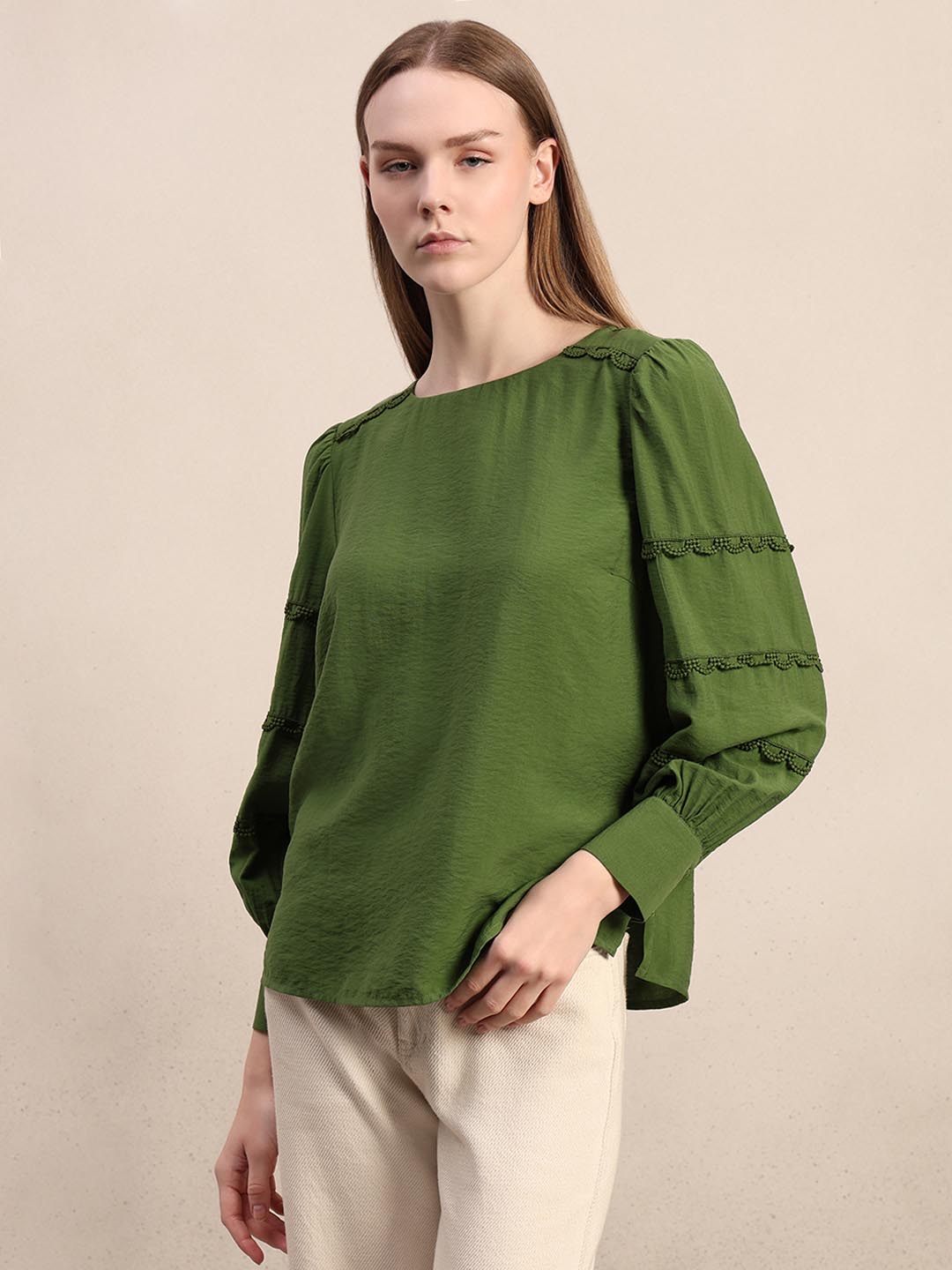 Green Lace Detail Full Sleeves Top