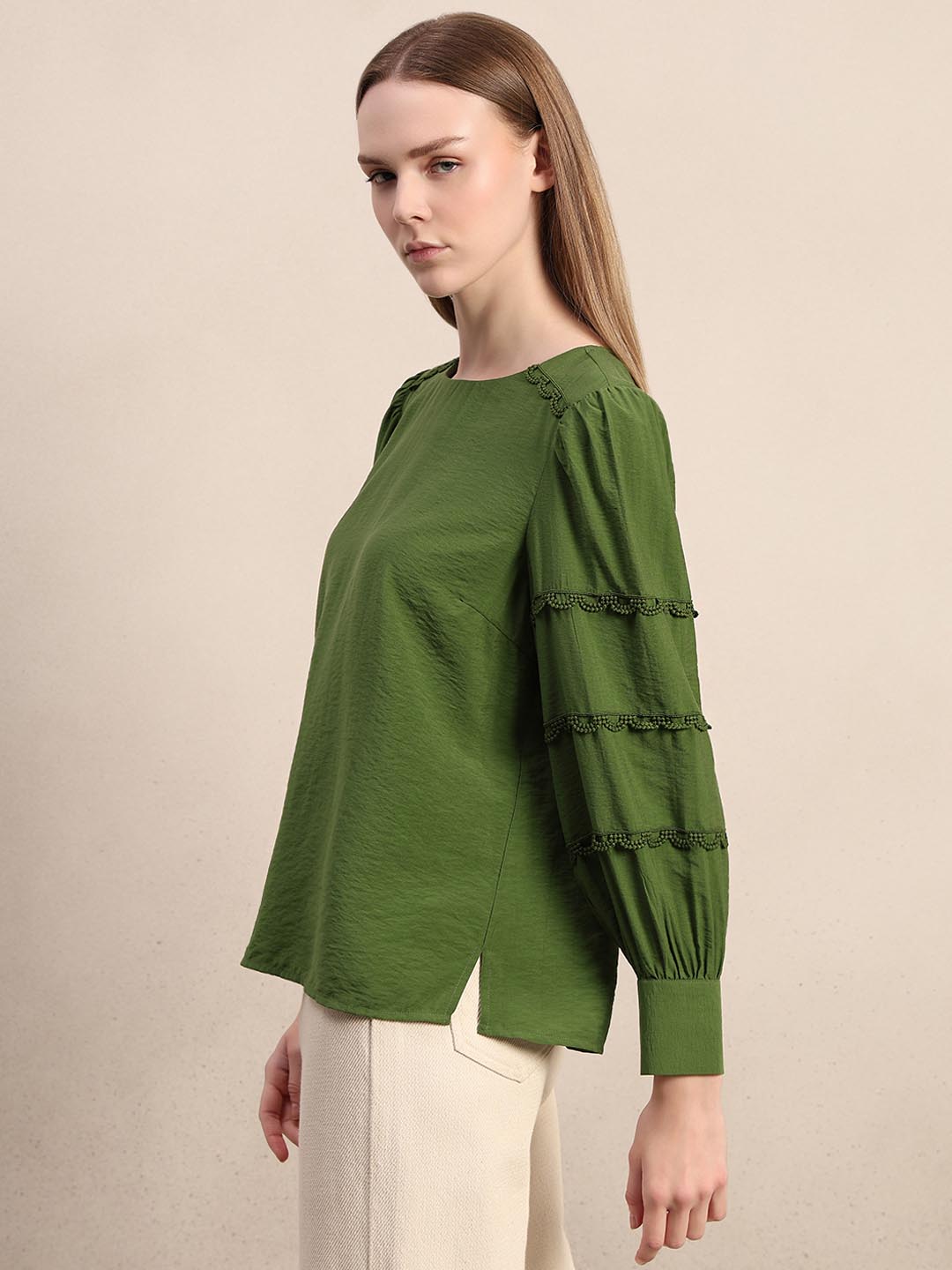 Green Lace Detail Full Sleeves Top