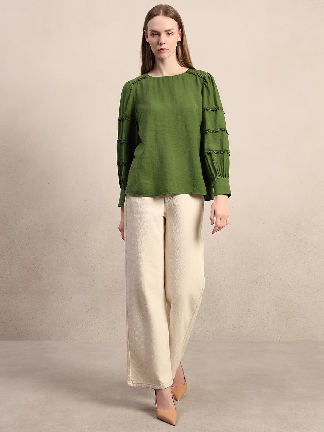 Green Lace Detail Full Sleeves Top