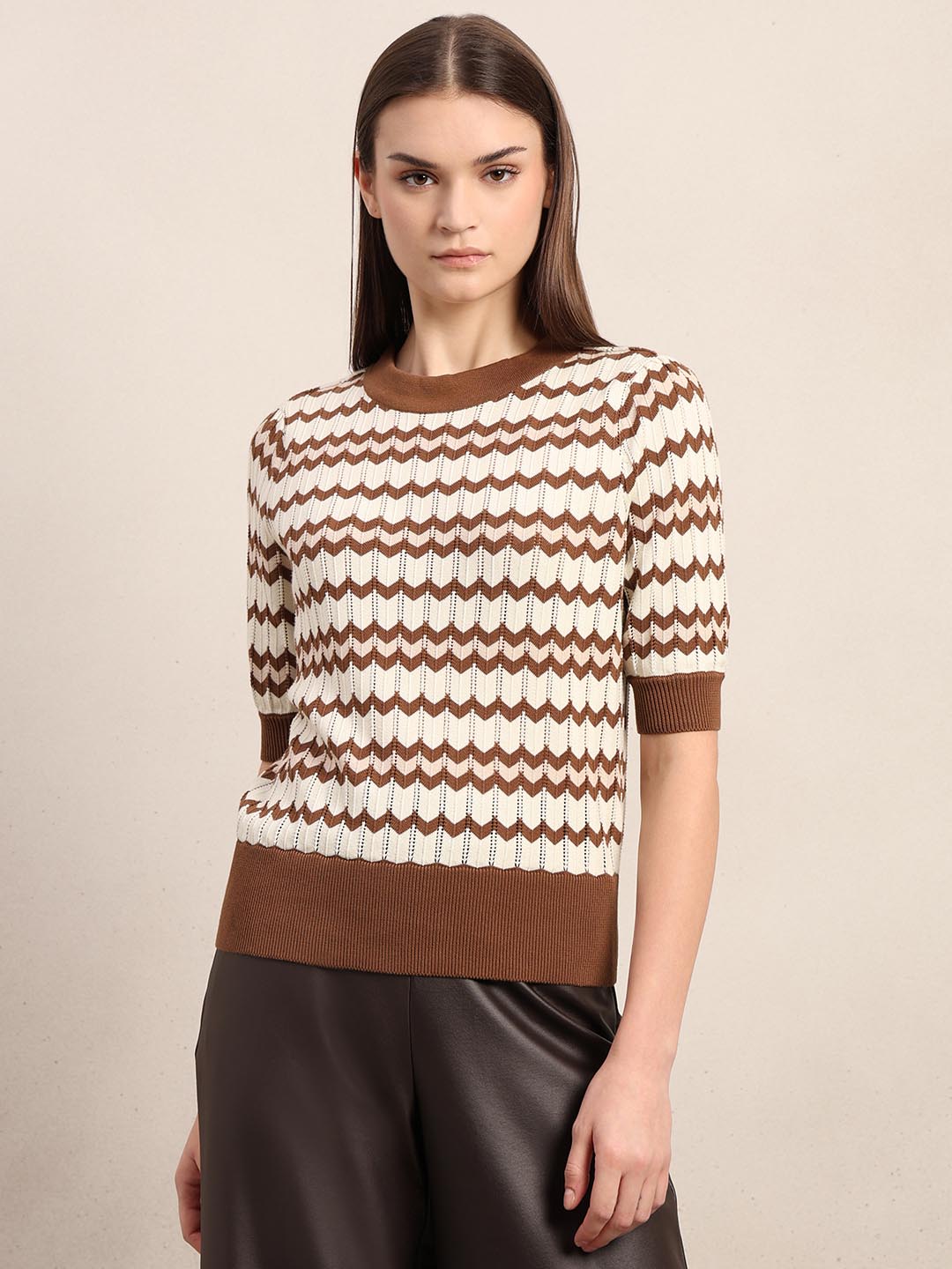 Ecru & Brown Knitted Top