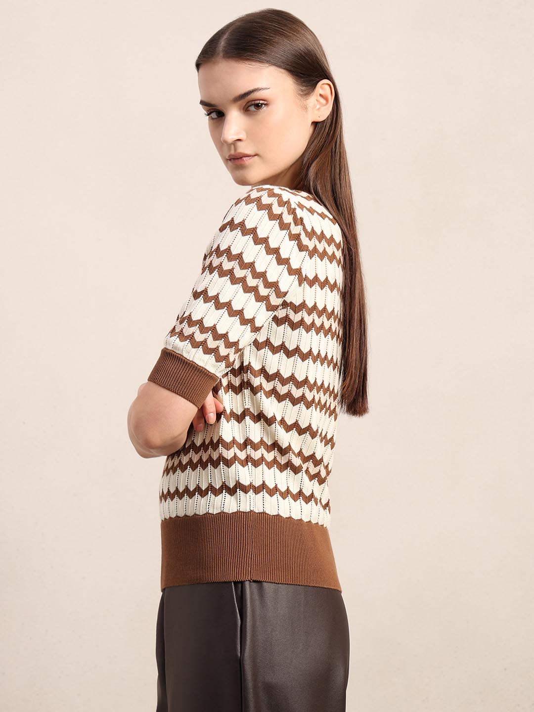 Ecru & Brown Knitted Top