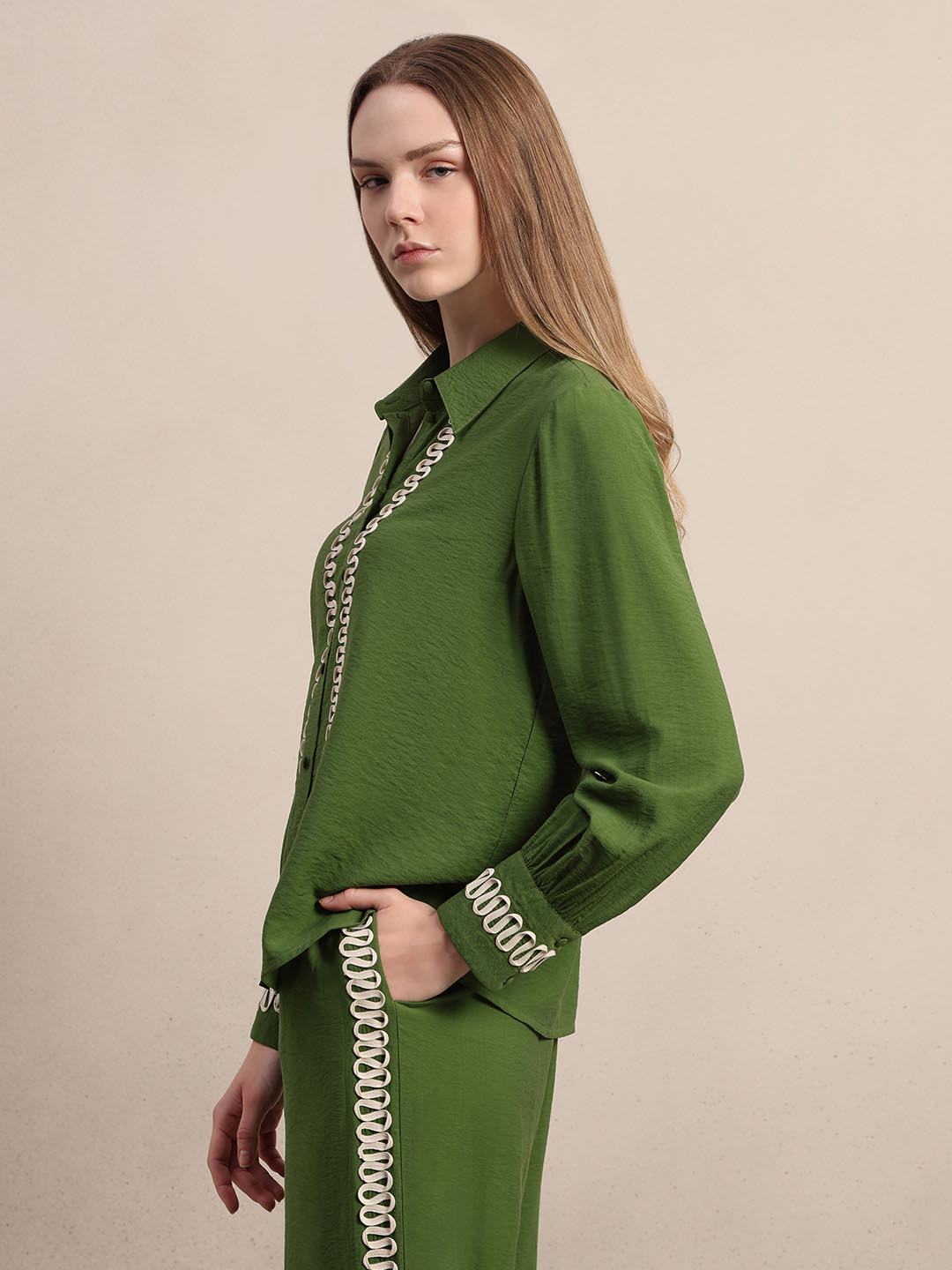 Green Ribbon Detailed Shirt