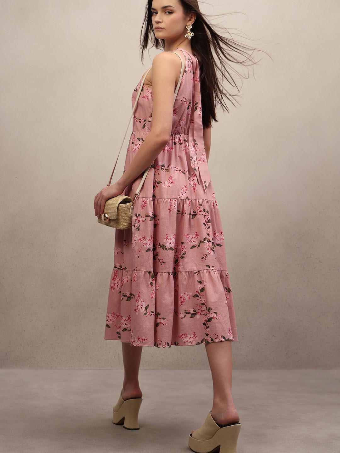 Pink Floral Print Midi Dress