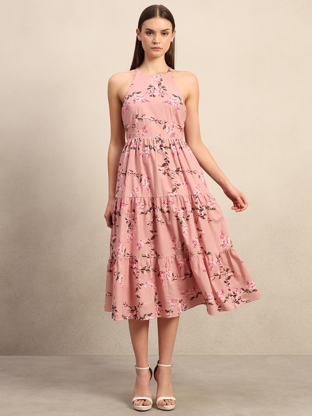 Pink Floral Print Midi Dress