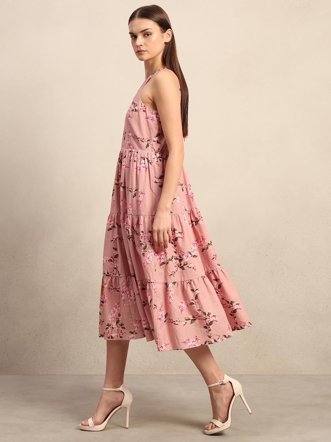 Pink Floral Print Midi Dress