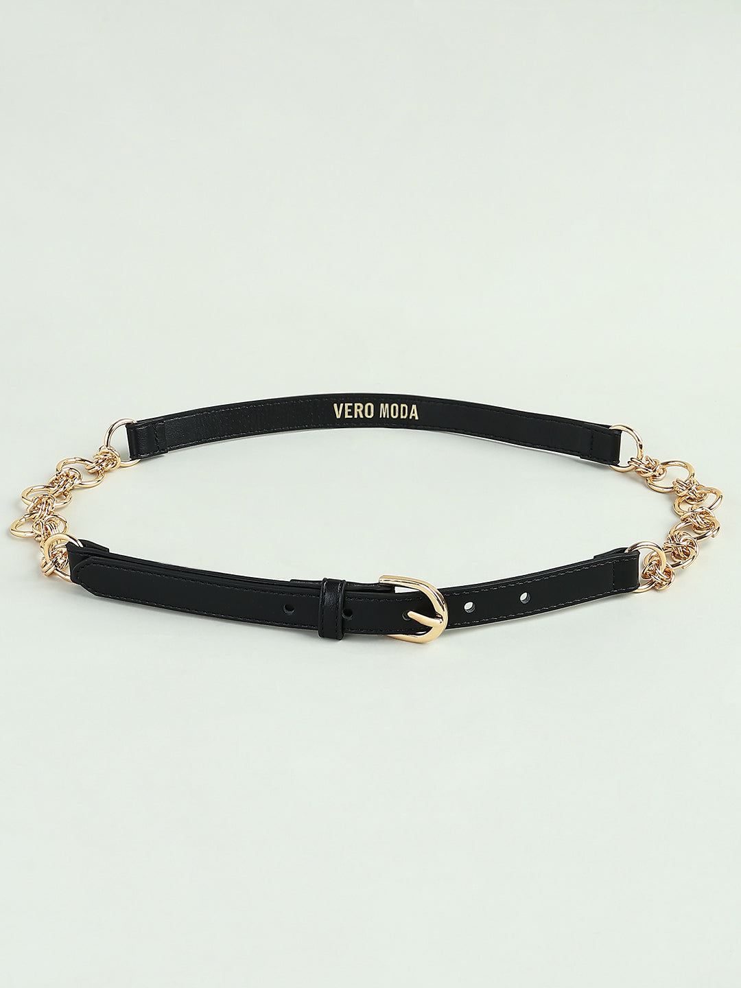Black Faux Leather Gold Chain Belt