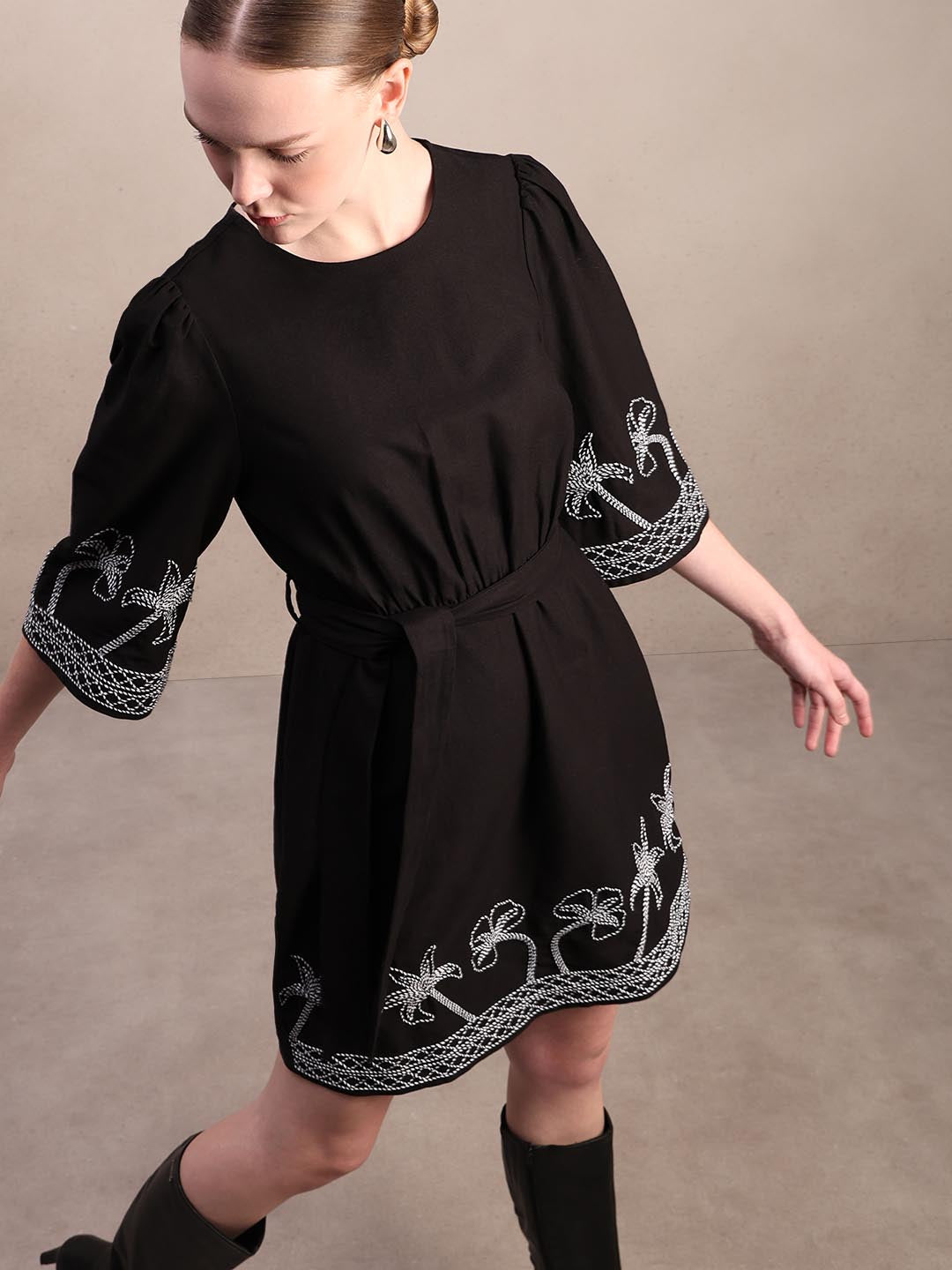 Black Embroidered Cotton Dress