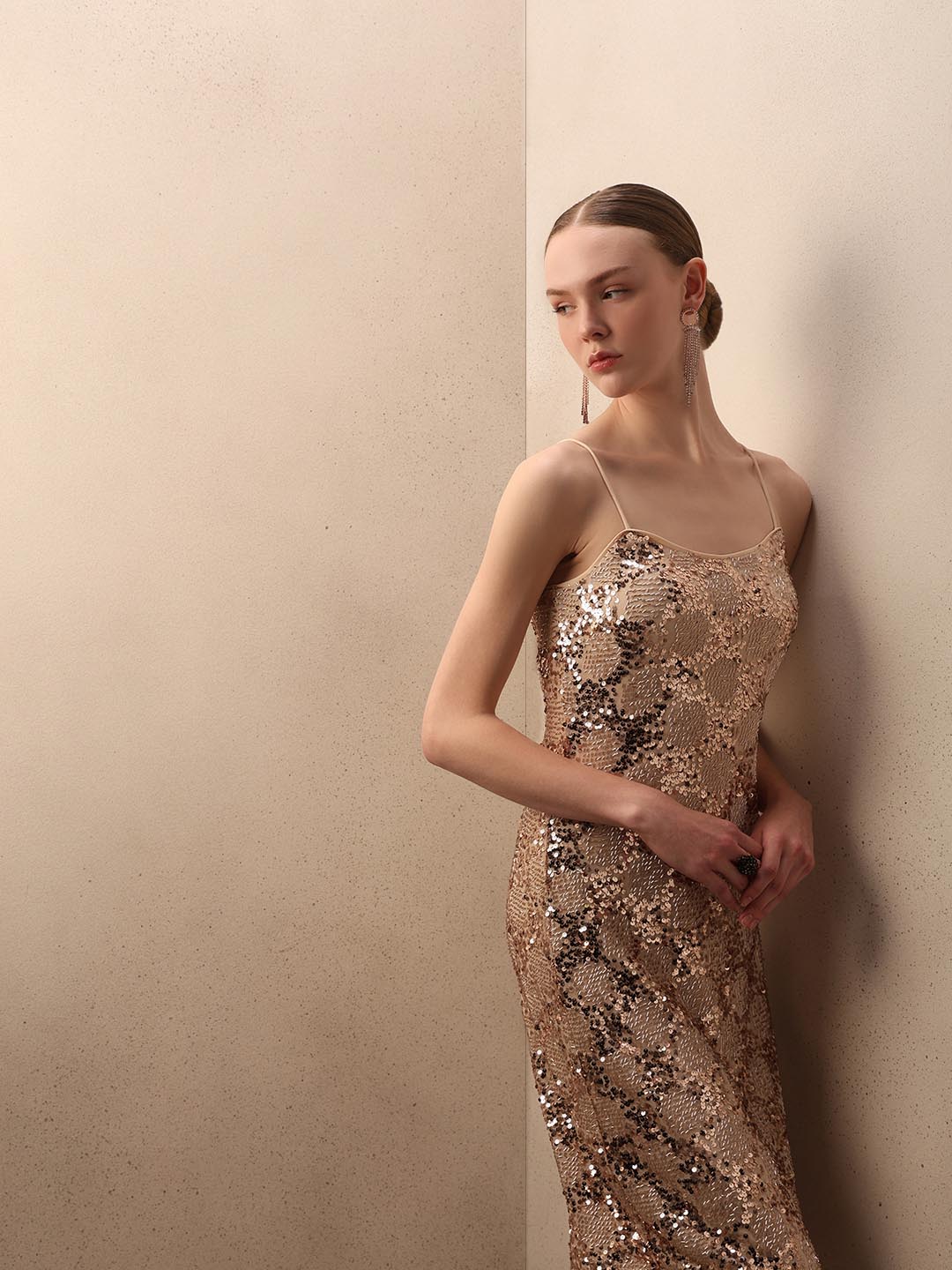 Golden Sequin Embellished Bodycon Dress