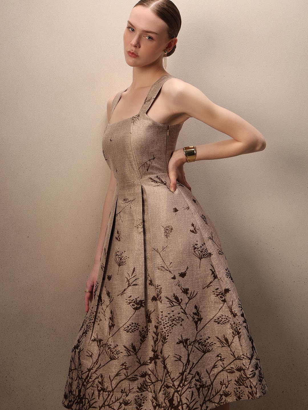 Beige Printed Smocked Midi Dress