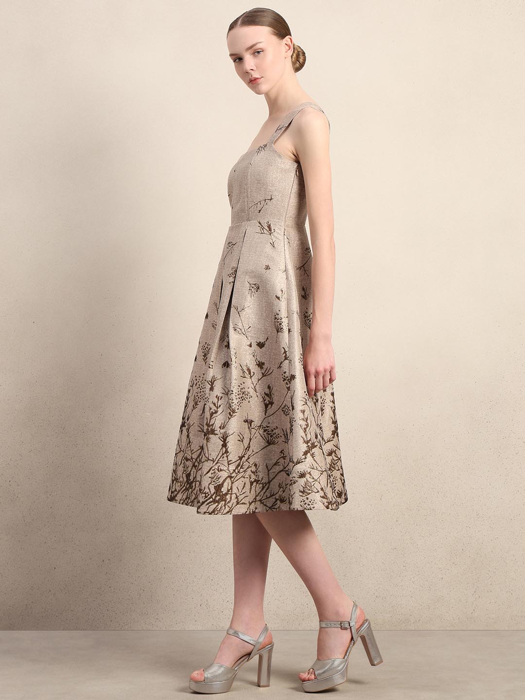 Beige Printed Smocked Midi Dress