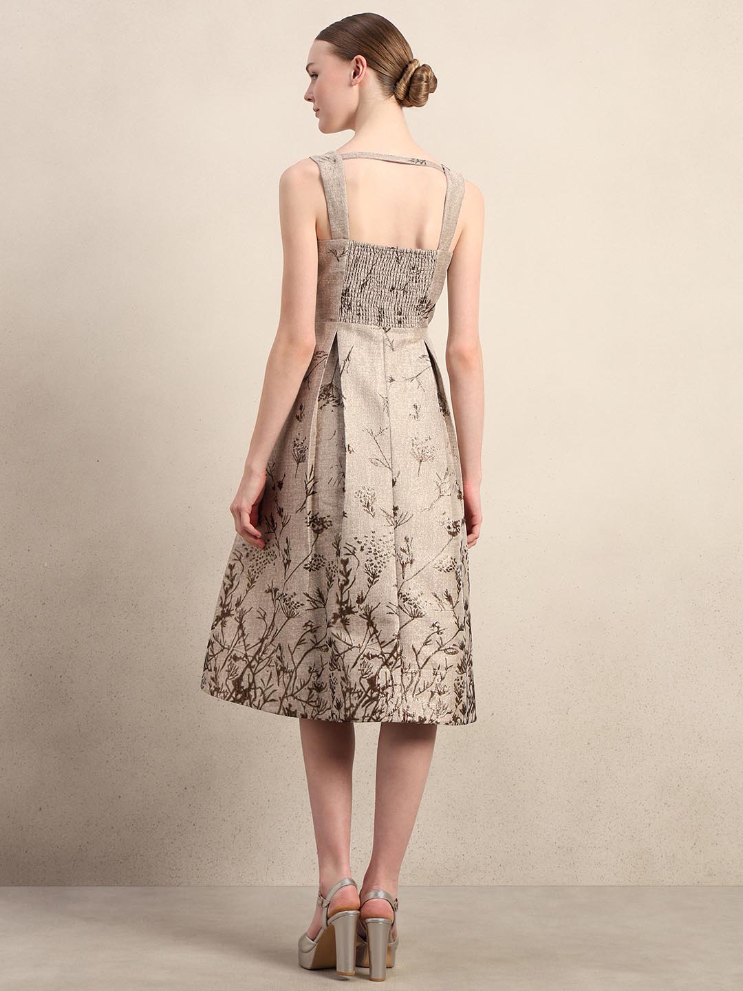 Beige Printed Smocked Midi Dress