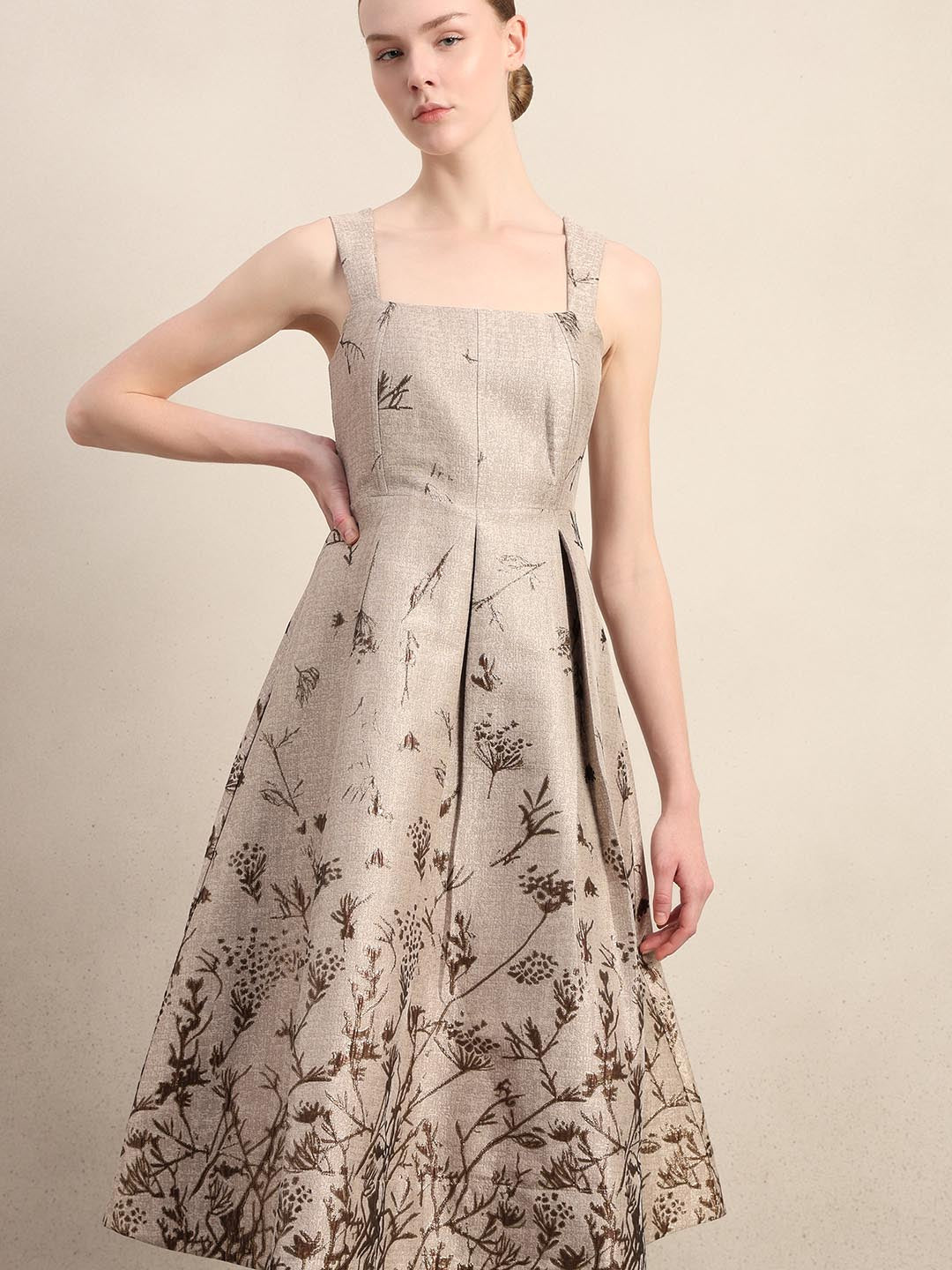 Beige Printed Smocked Midi Dress