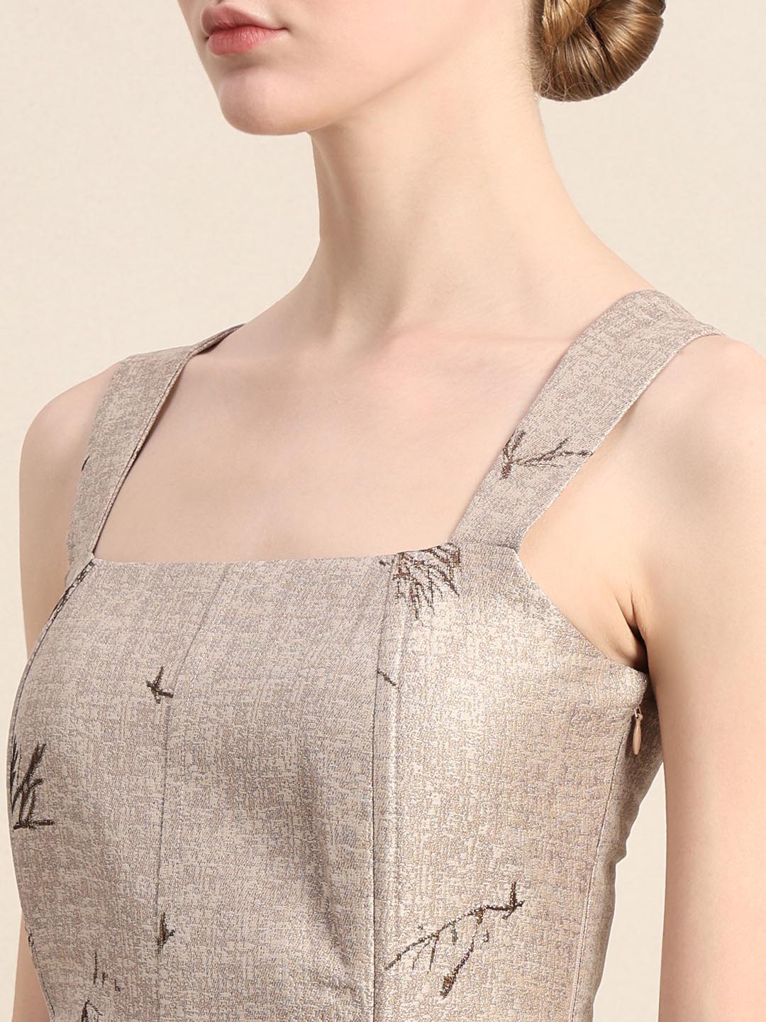 Beige Printed Smocked Midi Dress