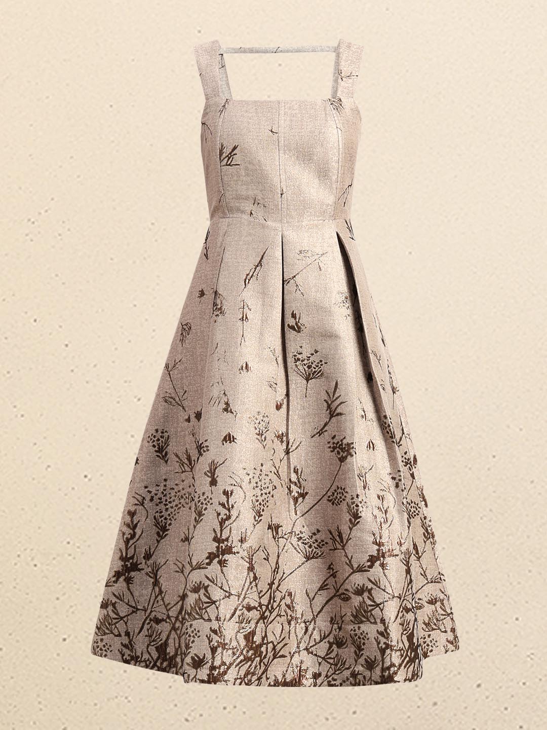 Beige Printed Smocked Midi Dress