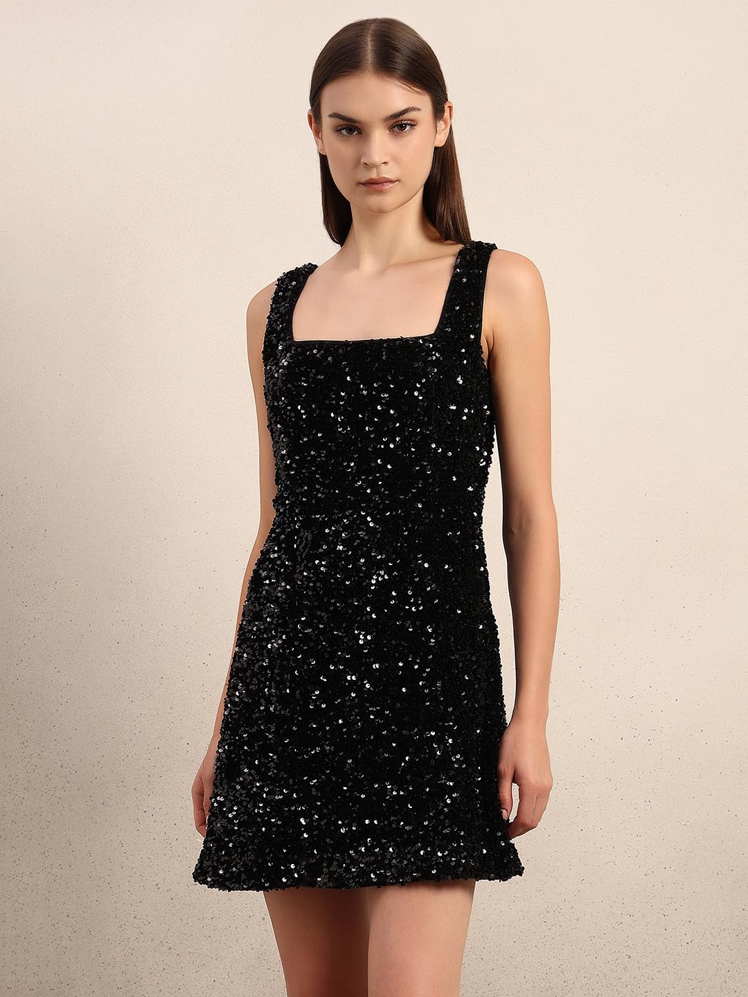 Black Sequined Embellished Mini Dress