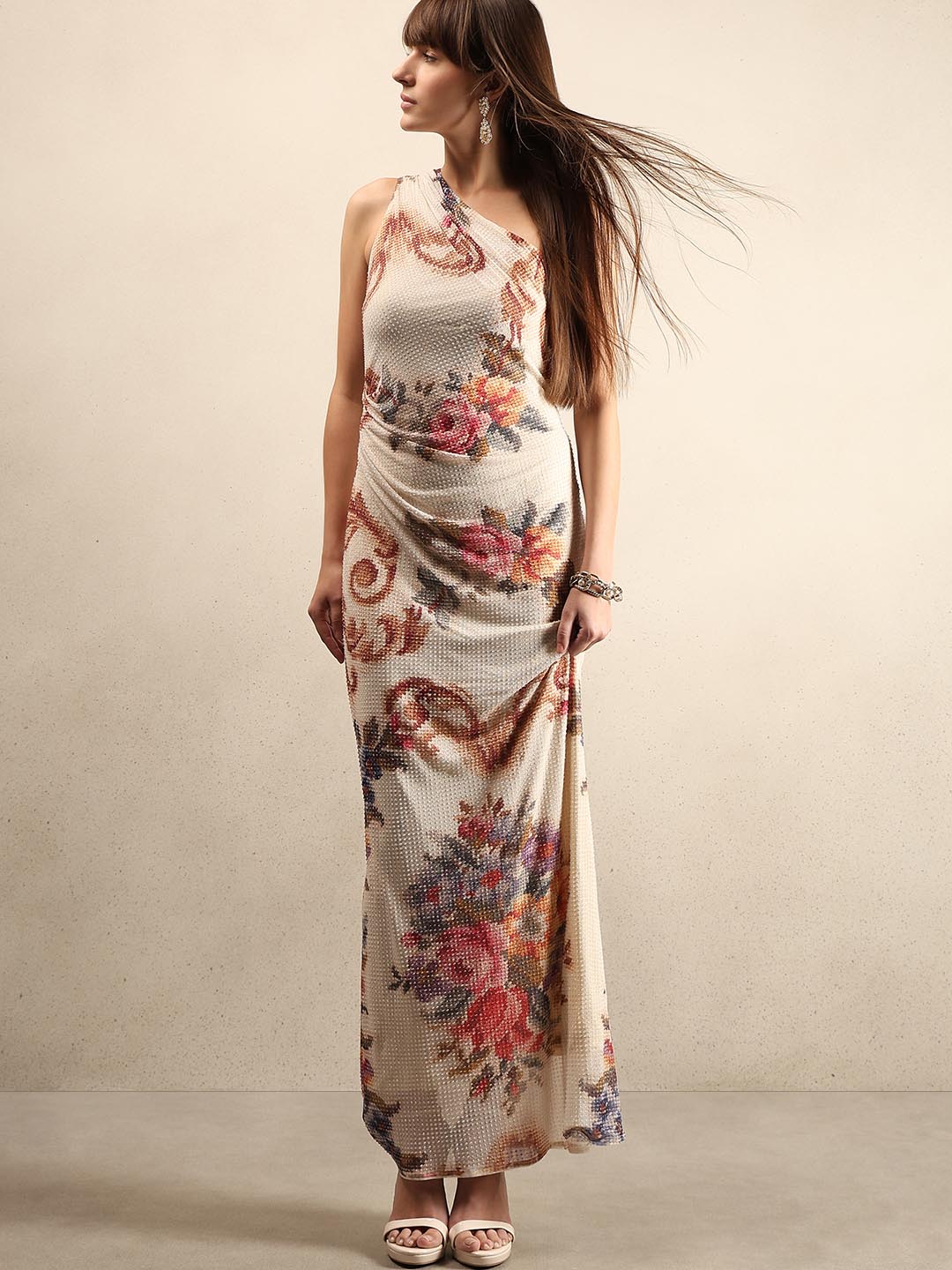 Ecru Printed Sleeveless Maxi Dress