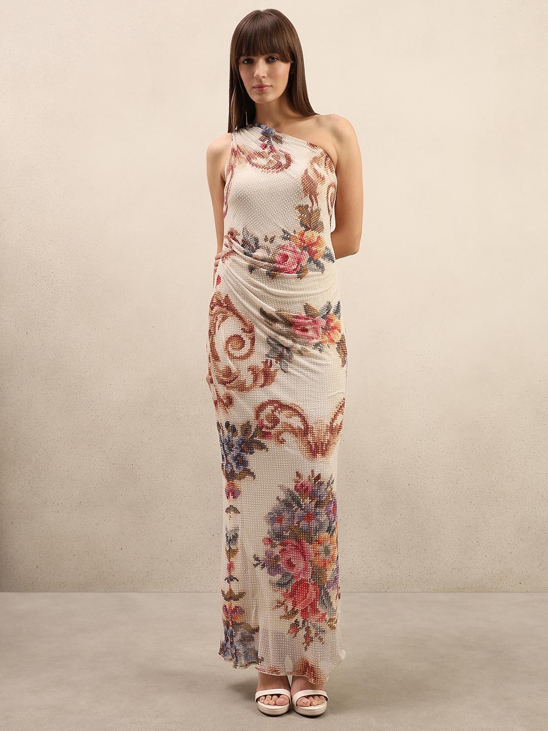 Ecru Printed Sleeveless Maxi Dress
