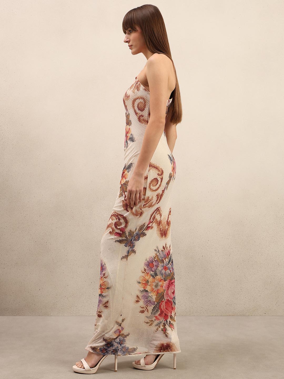 Ecru Printed Sleeveless Maxi Dress