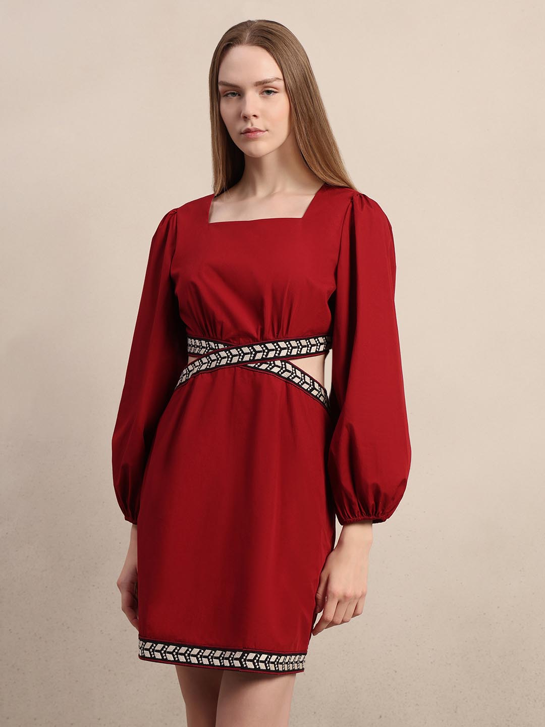Red Puff Sleeves Mini Dress