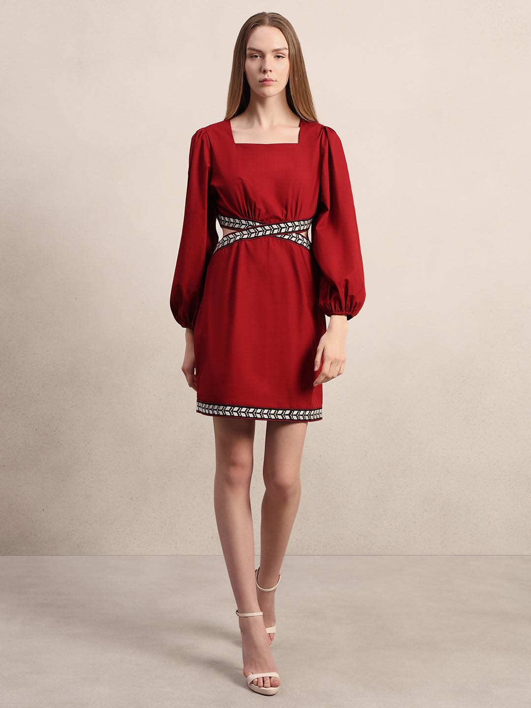 Red Puff Sleeves Mini Dress