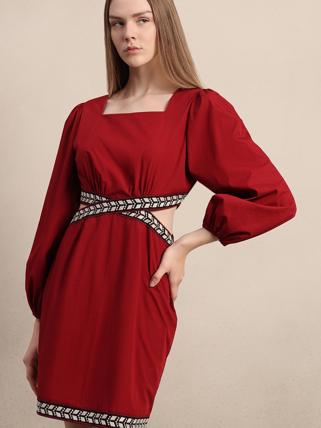 Red Puff Sleeves Mini Dress