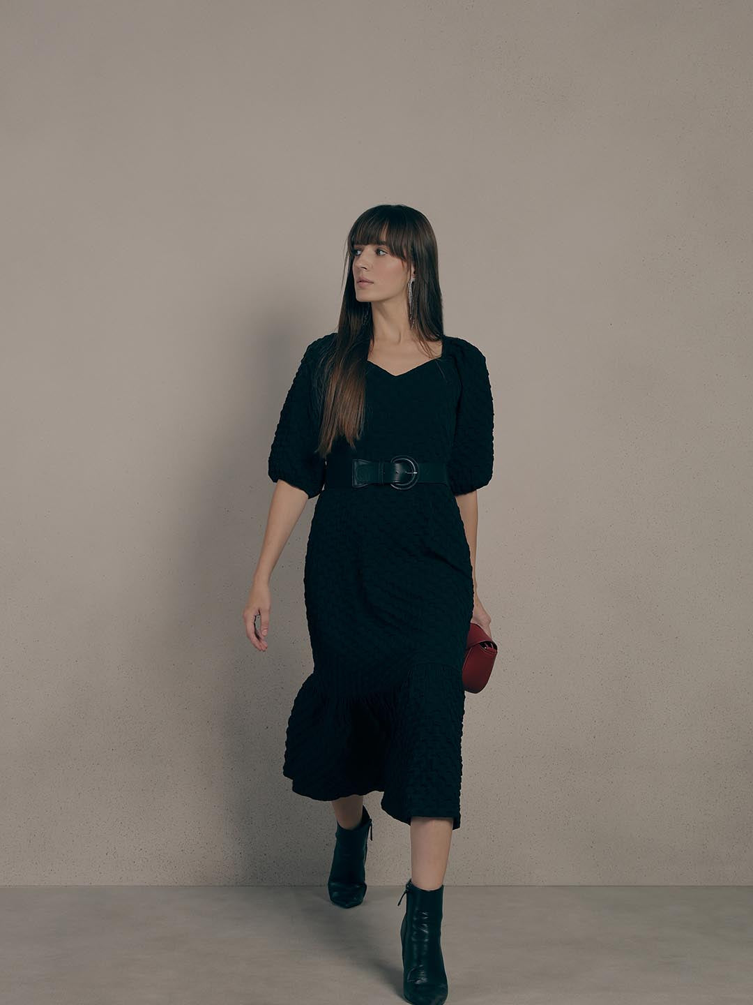 Black Textured Puff Sleeves Dress