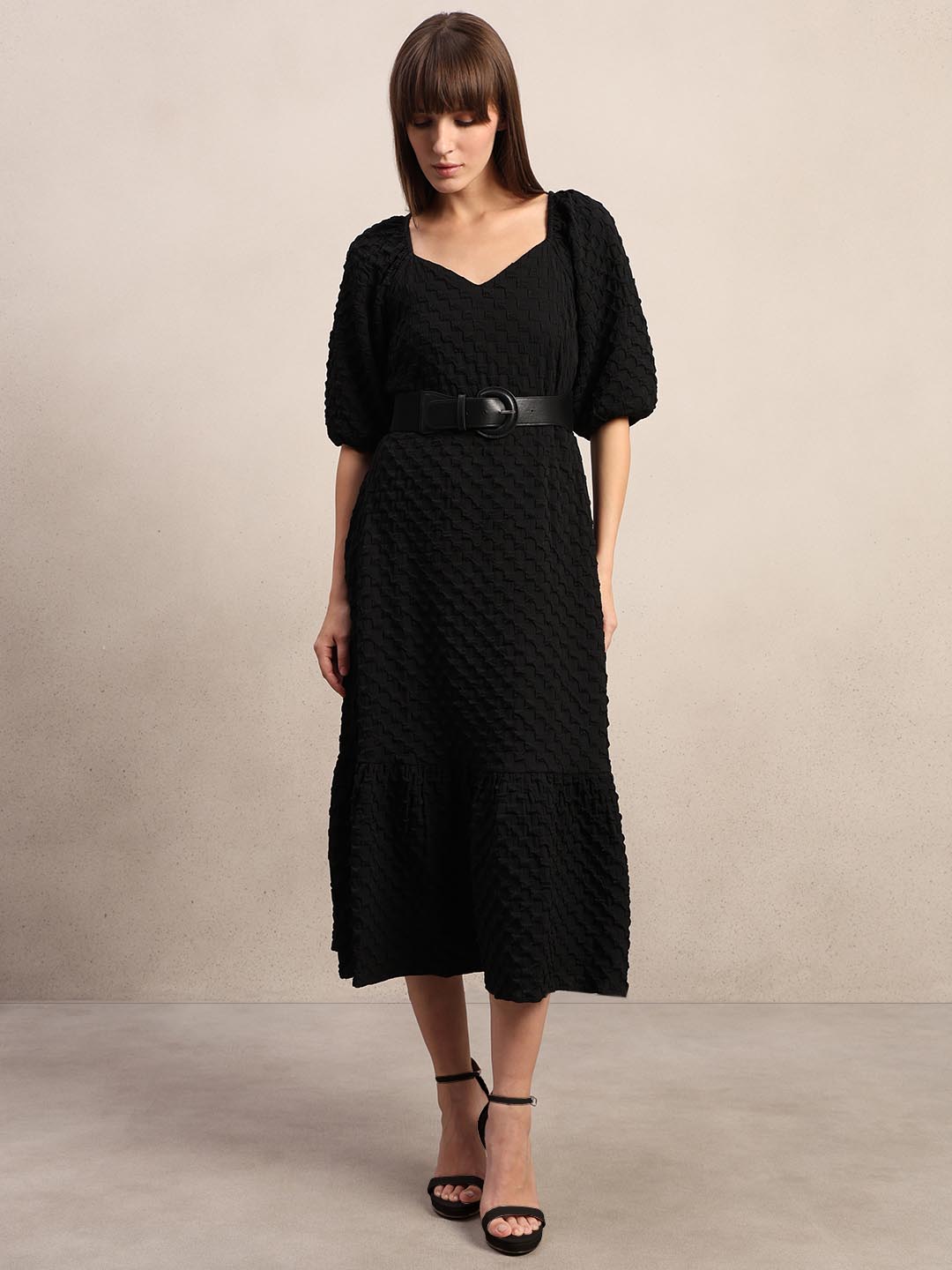Black Textured Puff Sleeves Dress