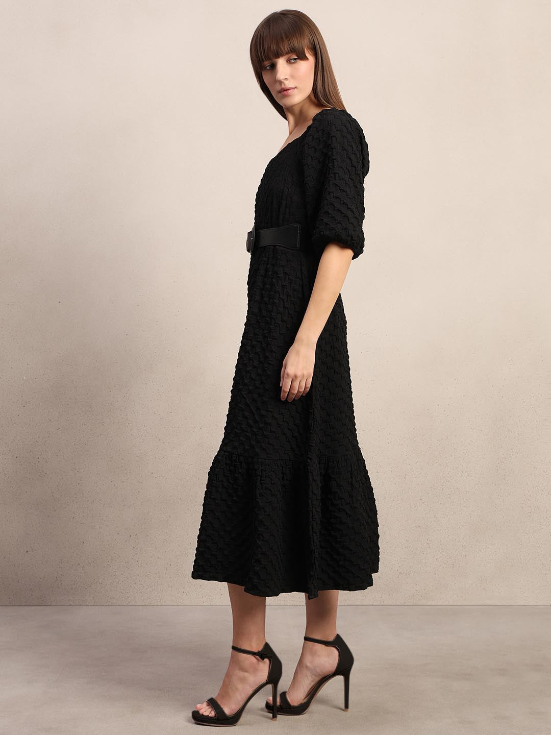 Black Textured Puff Sleeves Dress
