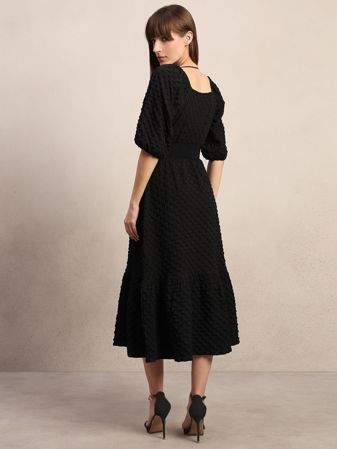 Black Textured Puff Sleeves Dress