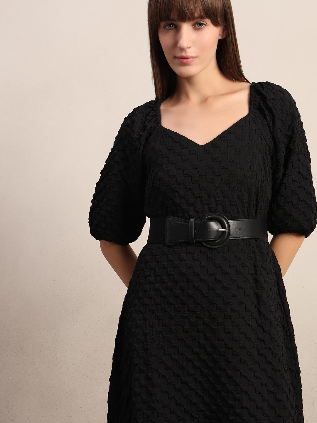 Black Textured Puff Sleeves Dress