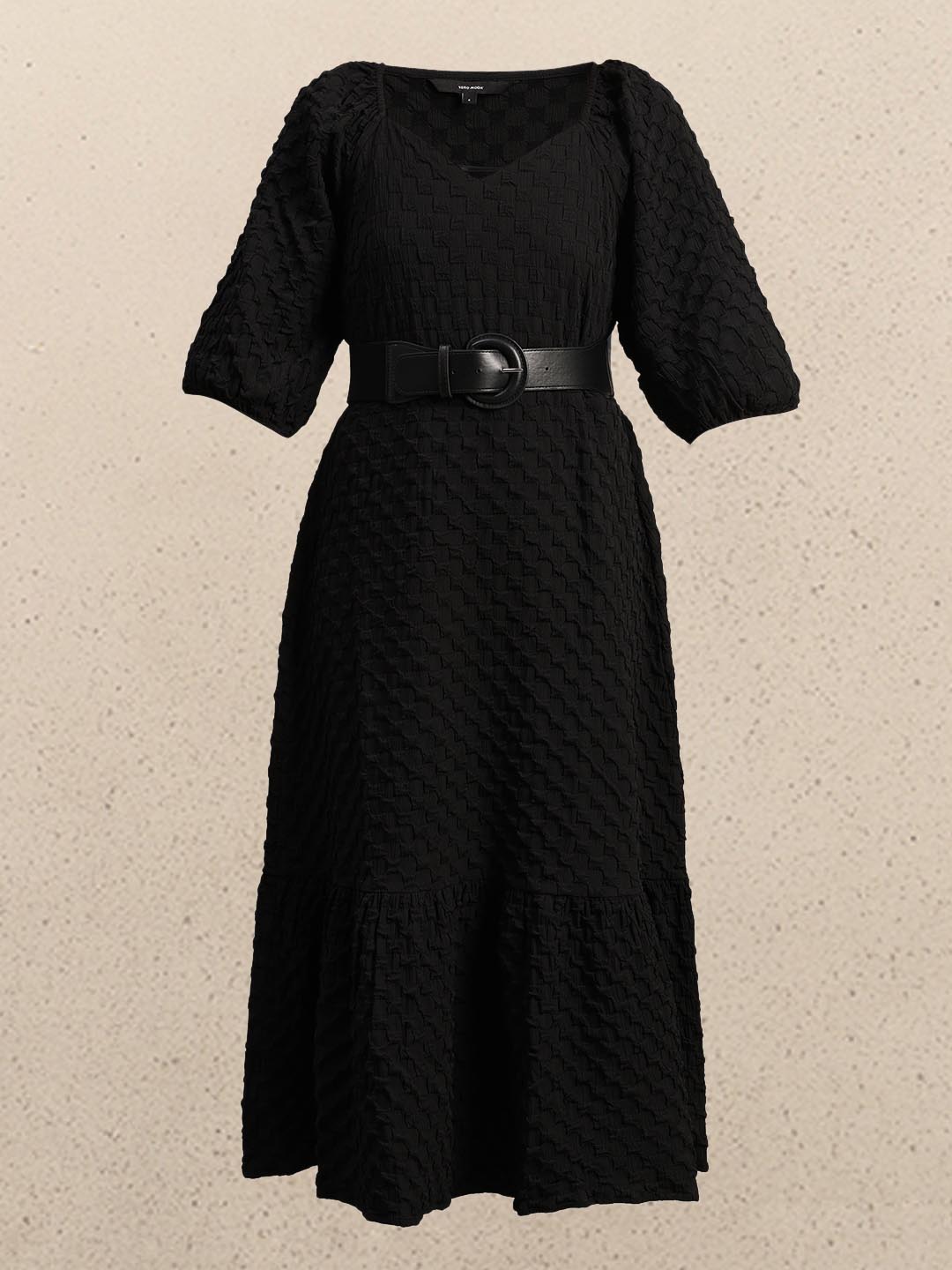 Black Textured Puff Sleeves Dress
