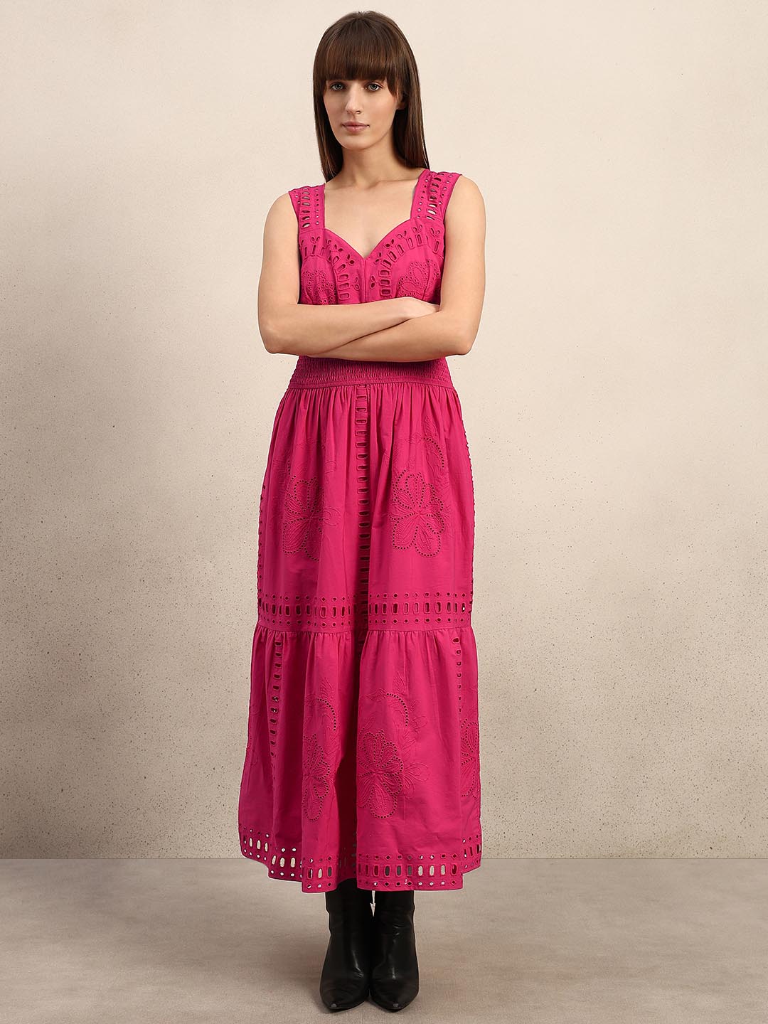 Pink Schiffli Cotton Midi Dress