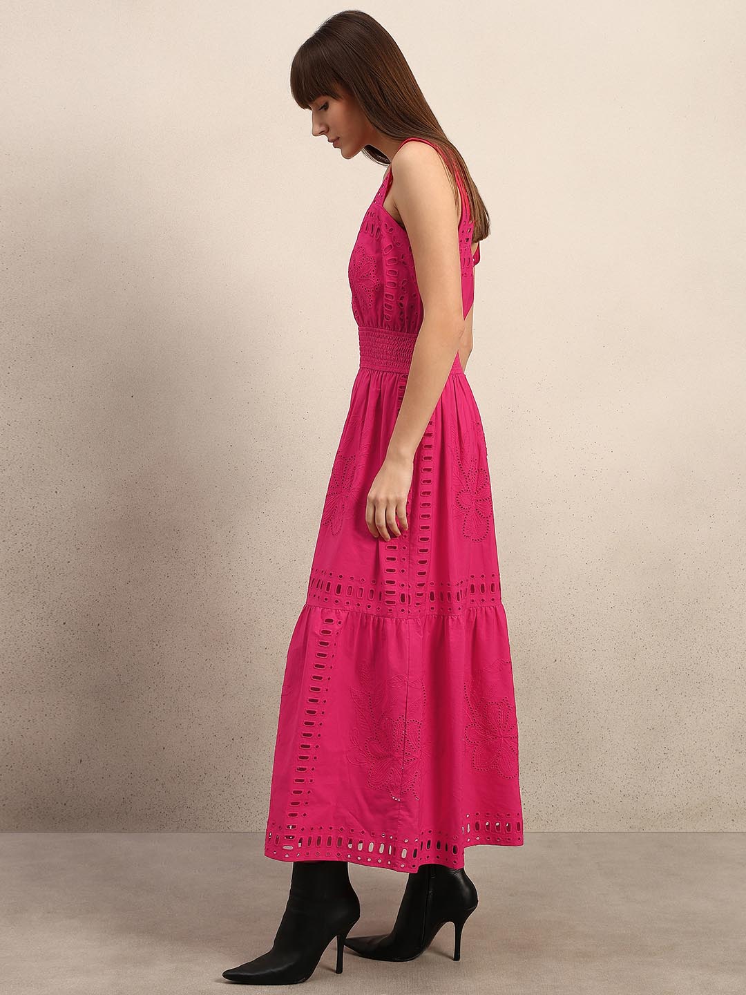 Pink Schiffli Cotton Midi Dress