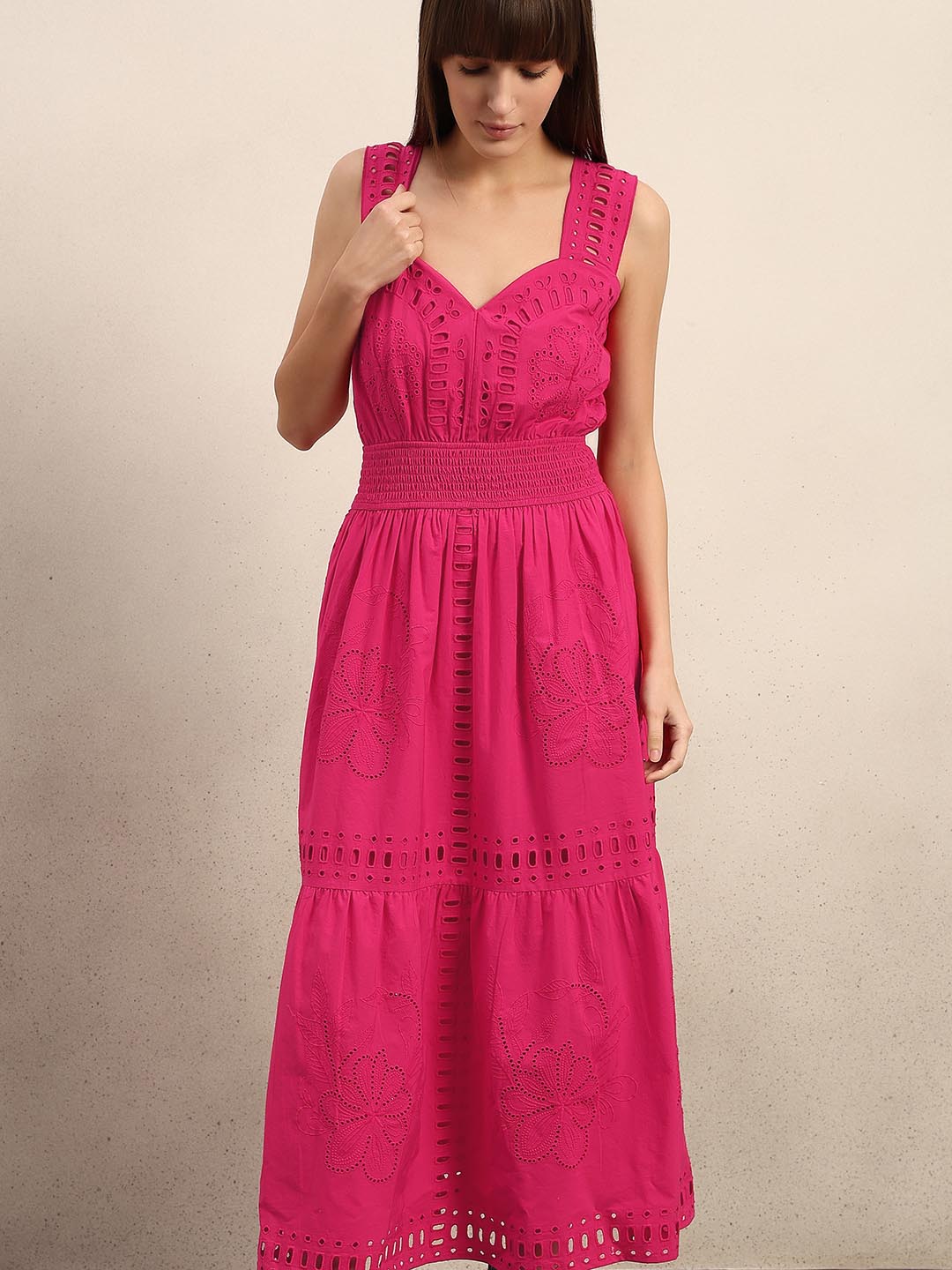 Pink Schiffli Cotton Midi Dress