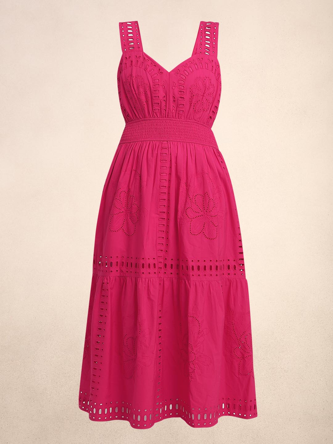 Pink Schiffli Cotton Midi Dress