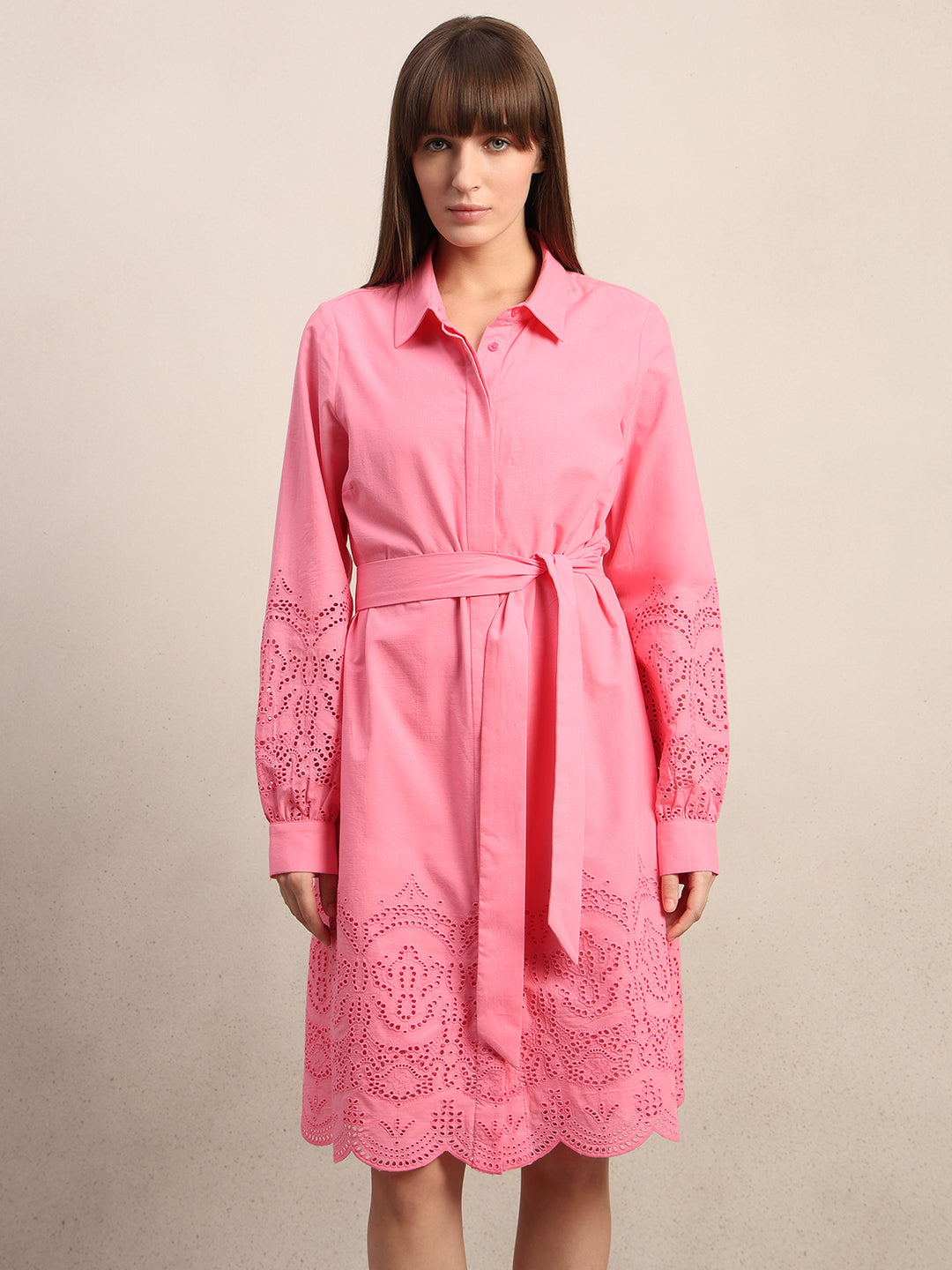 Embroidered Belted Shirt Dress