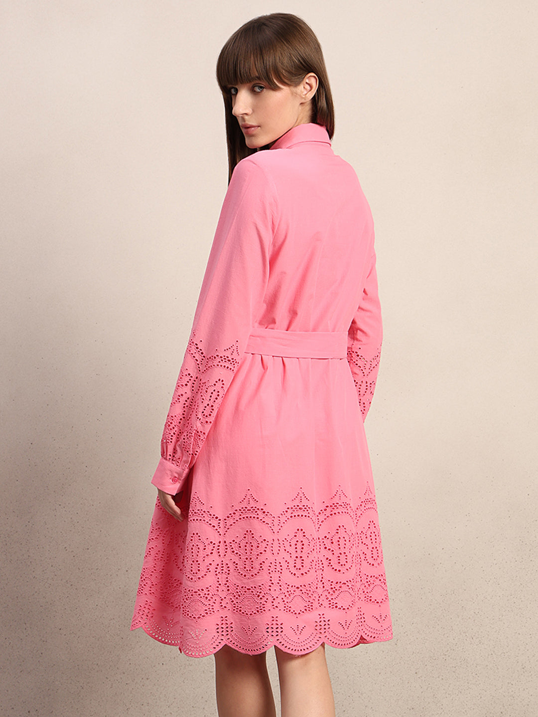 Embroidered Belted Shirt Dress