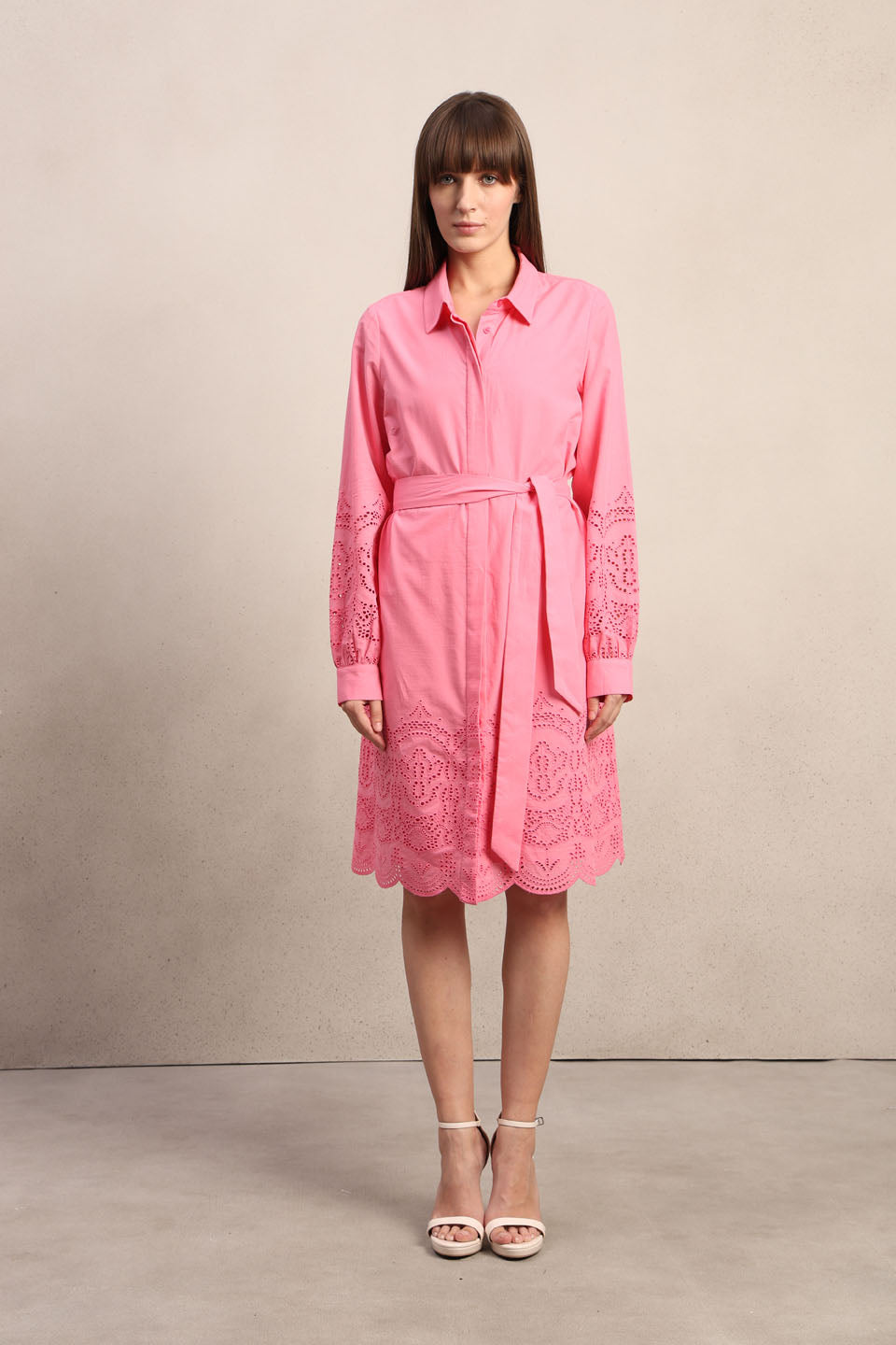 Embroidered Belted Shirt Dress