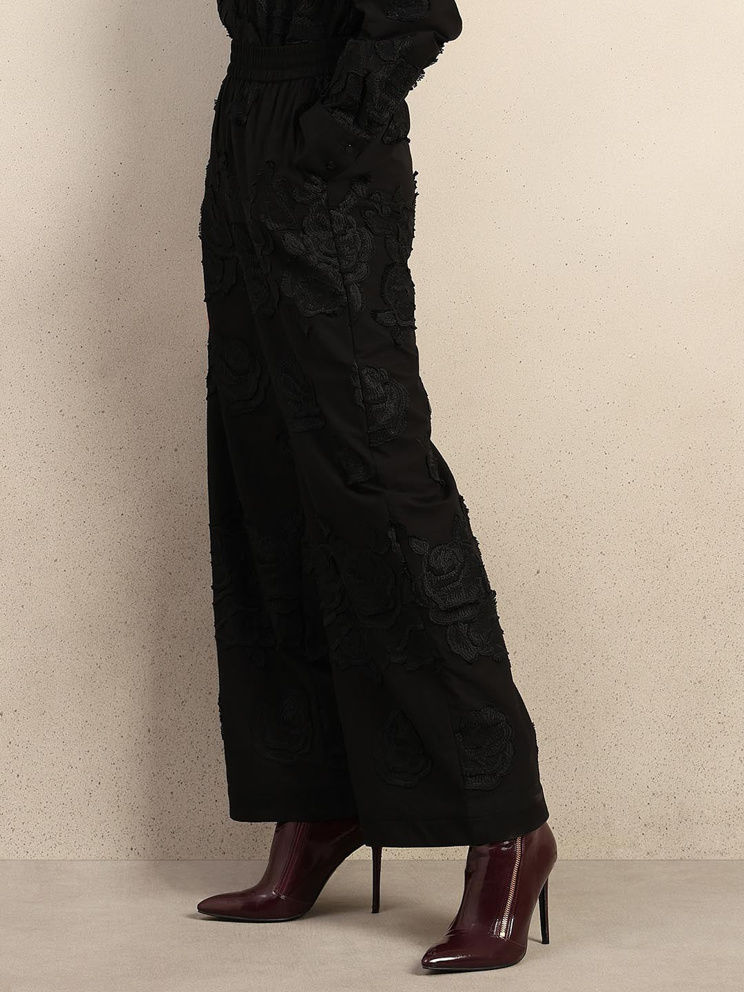 Black Floral Embroidered Pants