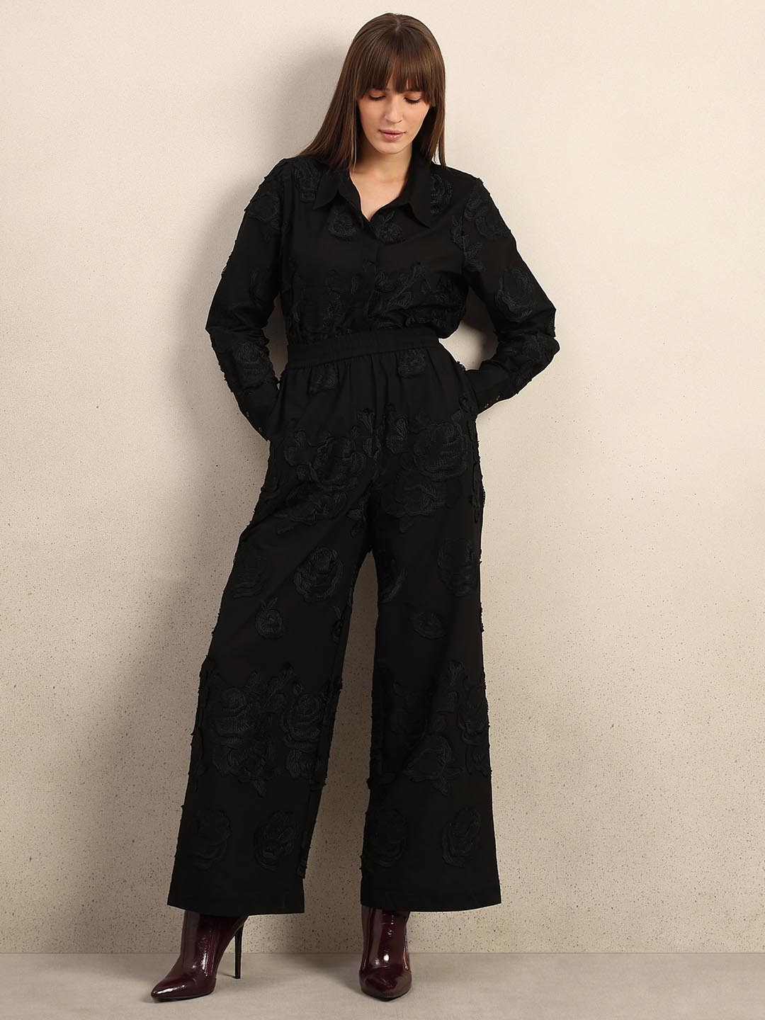 Black Floral Embroidered Pants