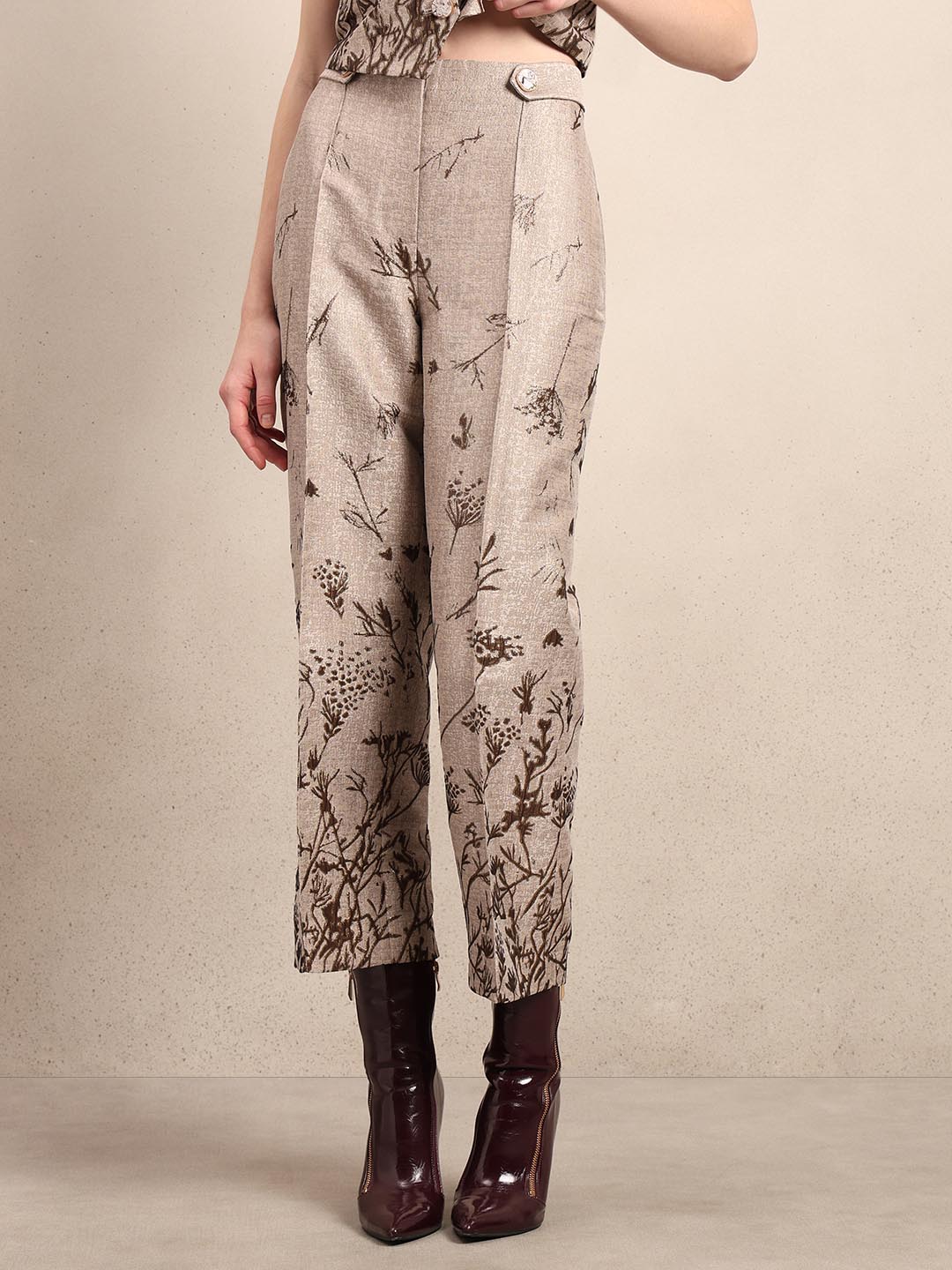 Beige Printed Straight Fit Pants