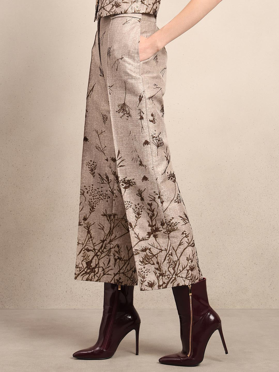 Beige Printed Straight Fit Pants