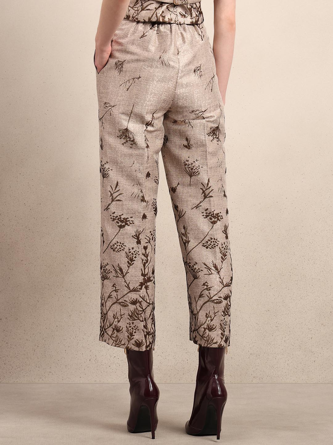 Beige Printed Straight Fit Pants