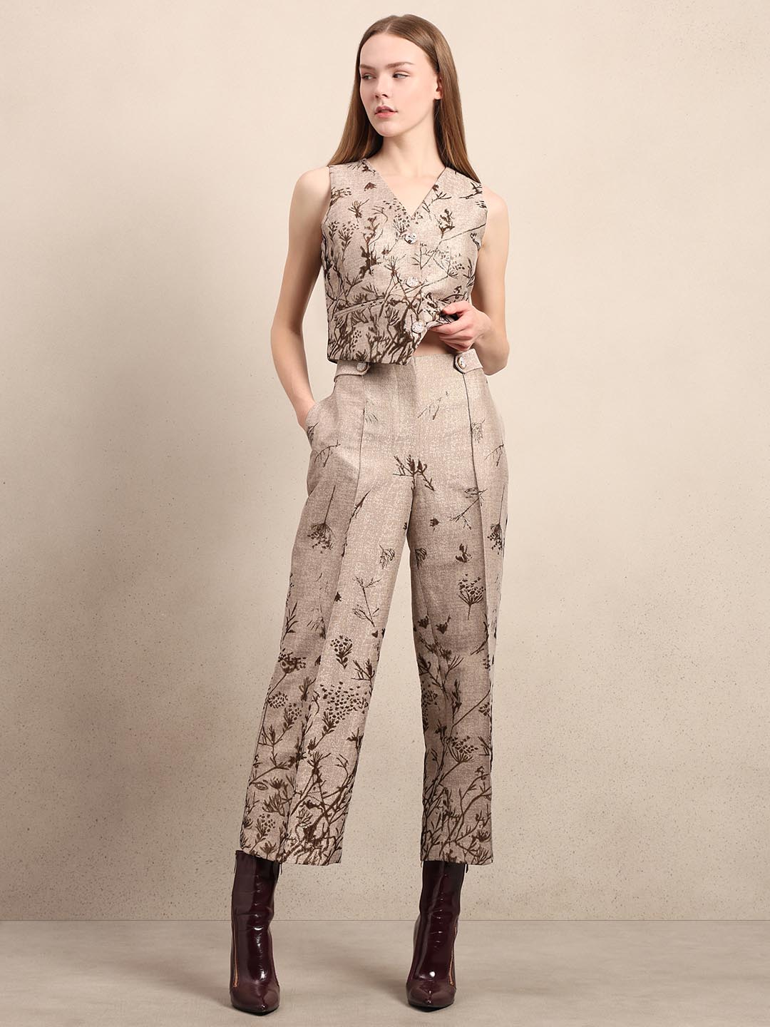 Beige Printed Straight Fit Pants