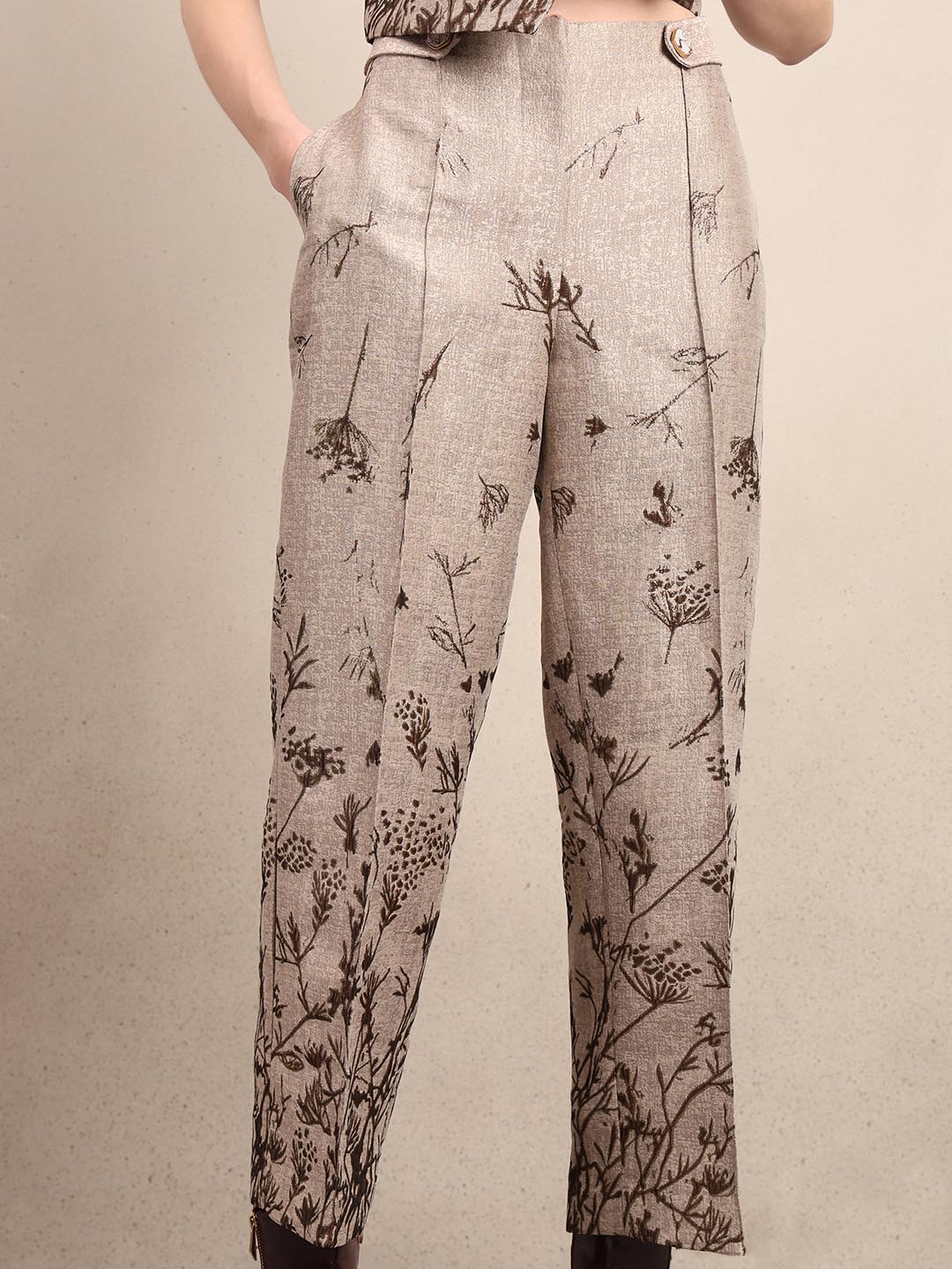 Beige Printed Straight Fit Pants
