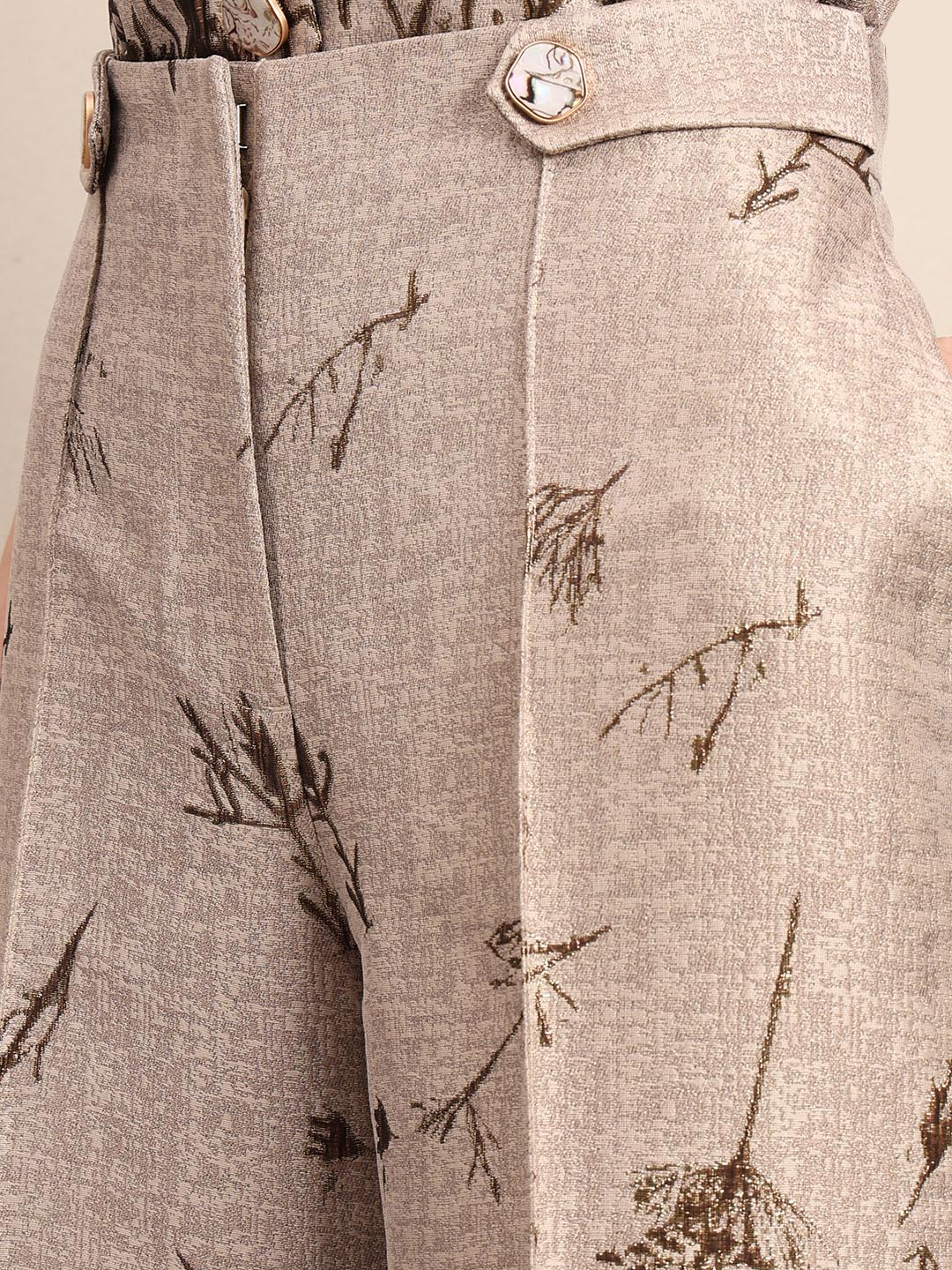 Beige Printed Straight Fit Pants