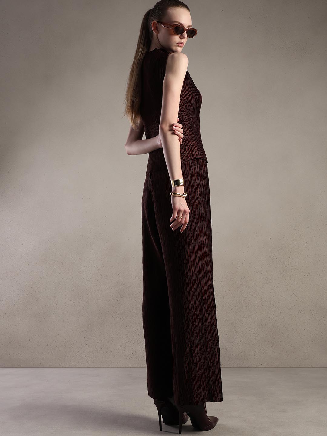 Maroon Textured Ankle Length Pants